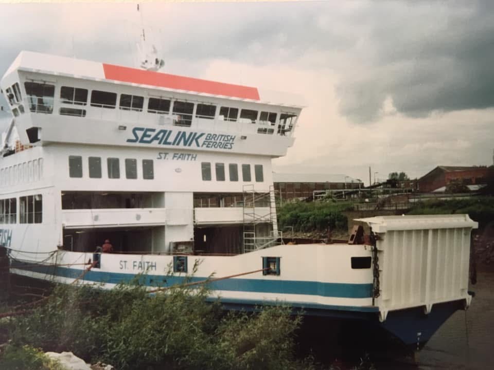 Sealink British Ferries vessel St Faith nearing completion, photographed alongside the quay with branding visible on the superstructure.