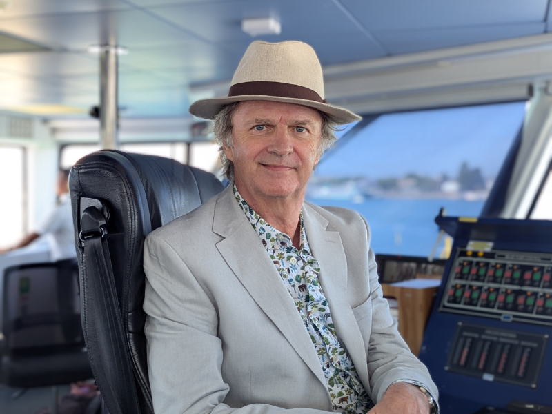 TV Comedian Paul Merton on the bridge of Wightlink's FastCat