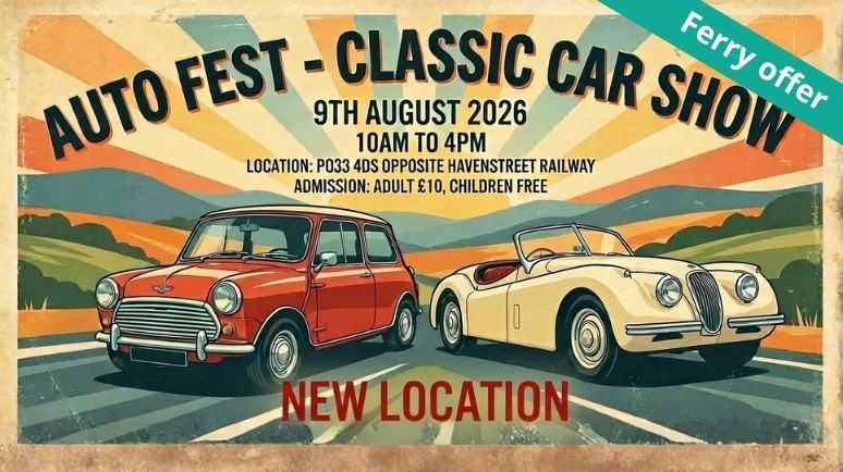 Vintage-style poster for Auto Fest Classic Car Show, featuring a red Mini and a cream convertible, with event details for 9 August 2026, 10:00–16:00 at Havenstreet, Isle of Wight, and a “Ferry offer” banner.