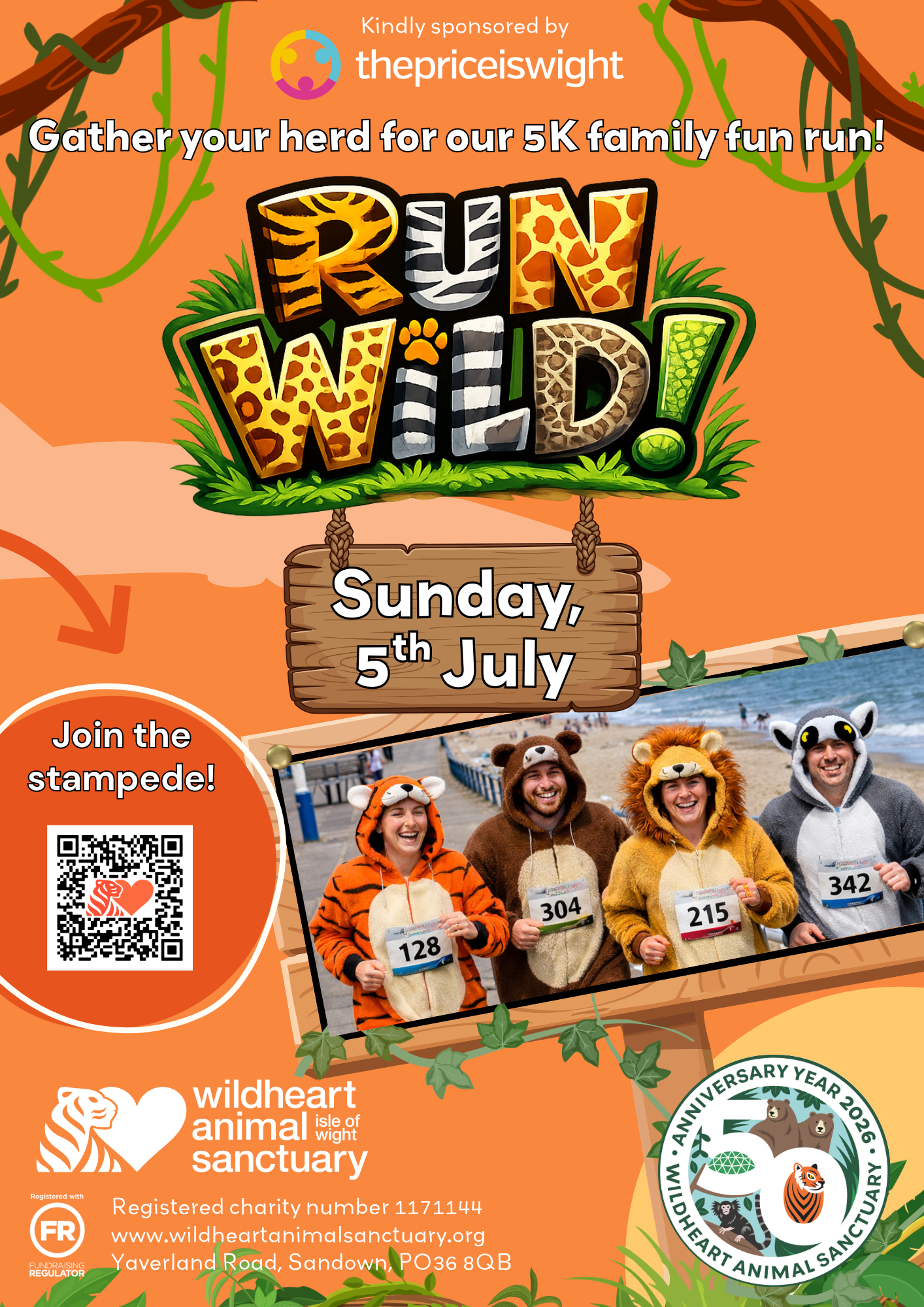 Poster for the “Run Wild” 5K fancy dress fun run on Sunday 05 July, featuring animal-themed graphics, costumed runners on a seafront, and a QR code to sign up.