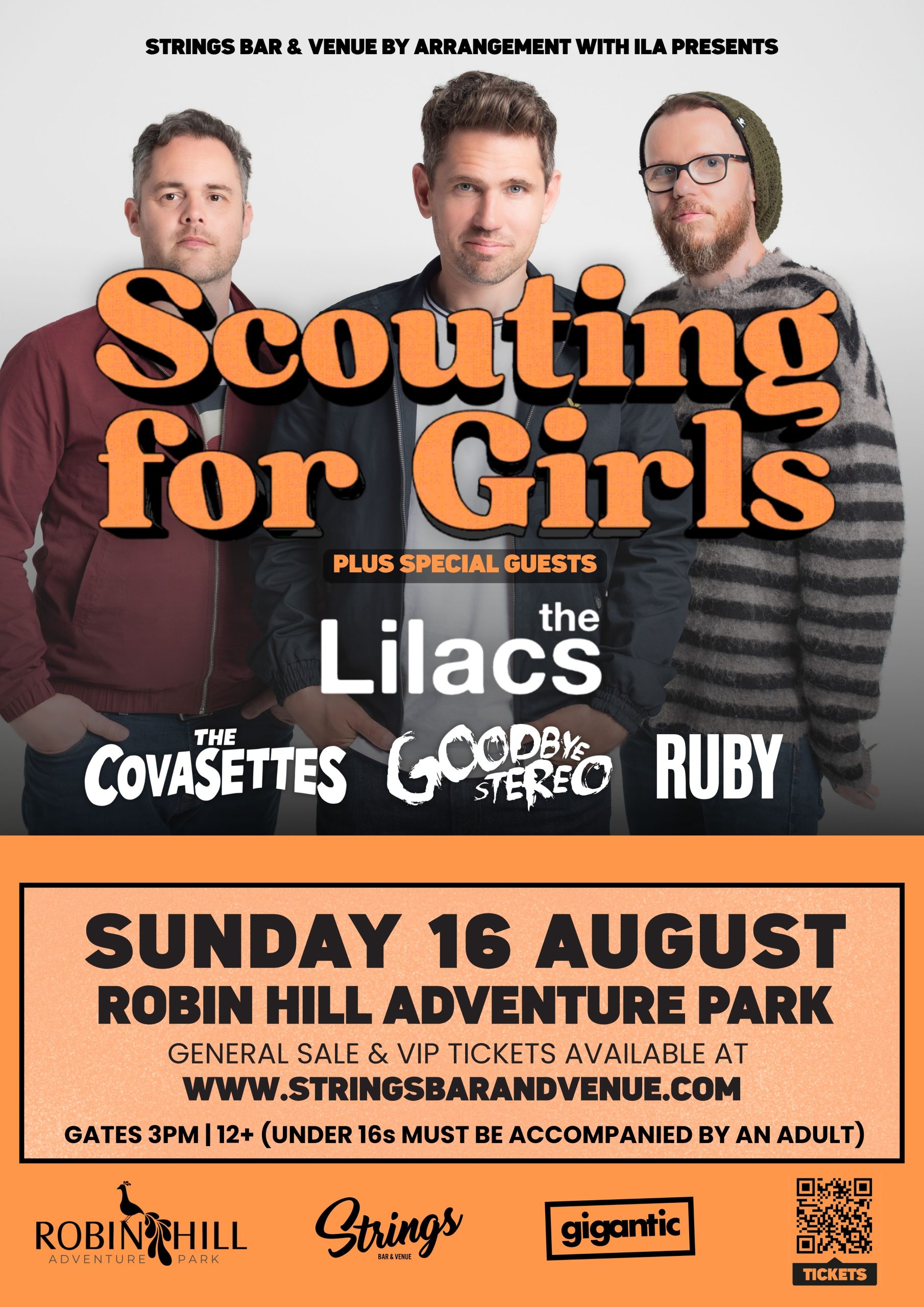 Scouting for Girls poster with support acts and event details for Sunday 16 August at Robin Hill