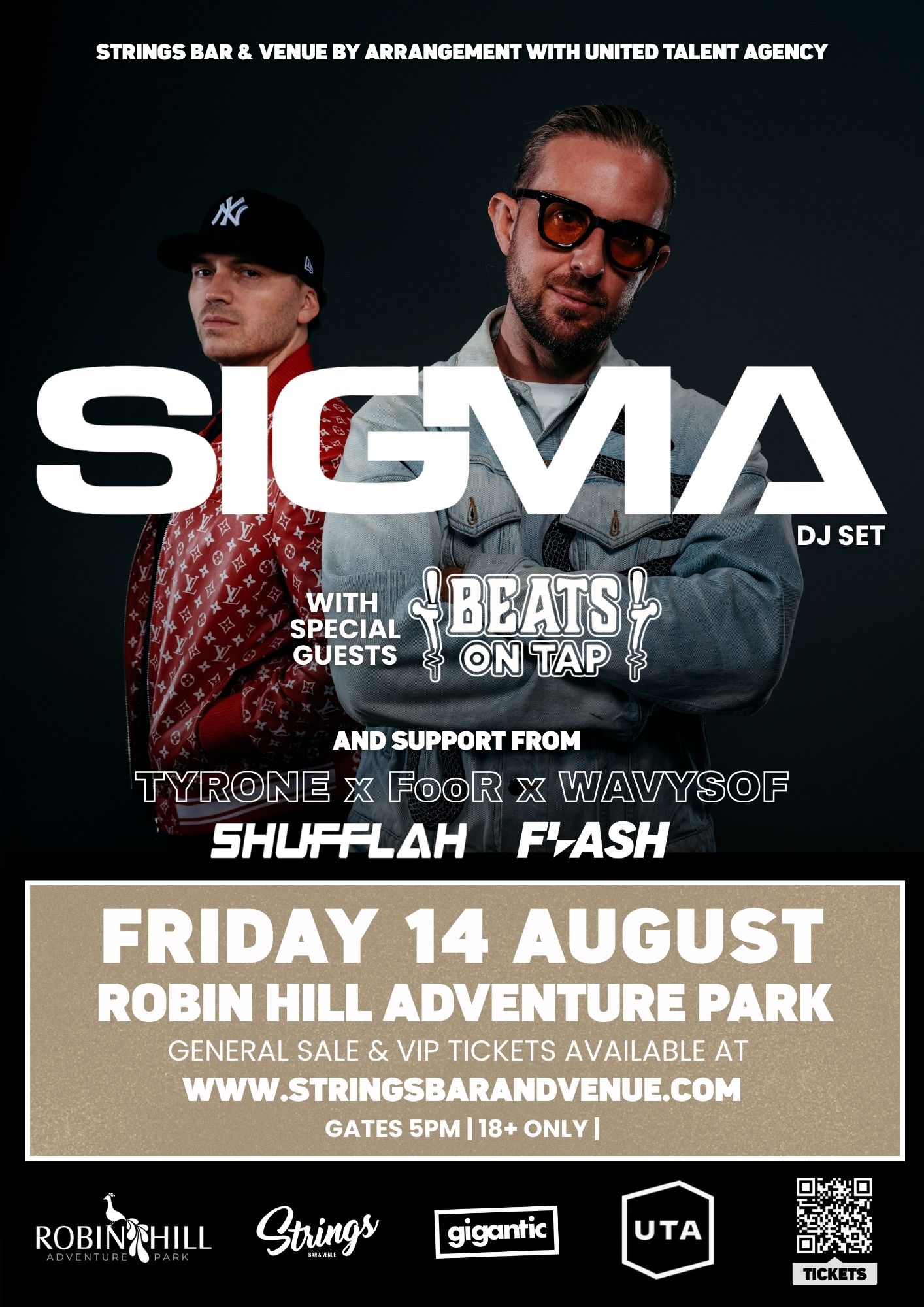 Sigma DJ set poster with support acts and event details for Friday 14 August at Robin Hill.