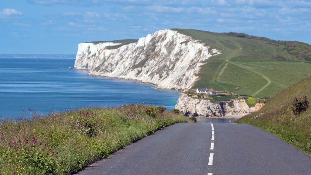 A winding coastal road leads towards the towering white cliffs of the Isle of Wight, with wildflowers, grassland and blue sea stretching into the distance.