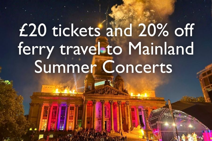 Fireworks lighting up Portsmouth Guildhall during an outdoor summer concert at night, with overlaying text ‘£20 tickets and 20% off ferry travel to Mainland Summer Concerts’.