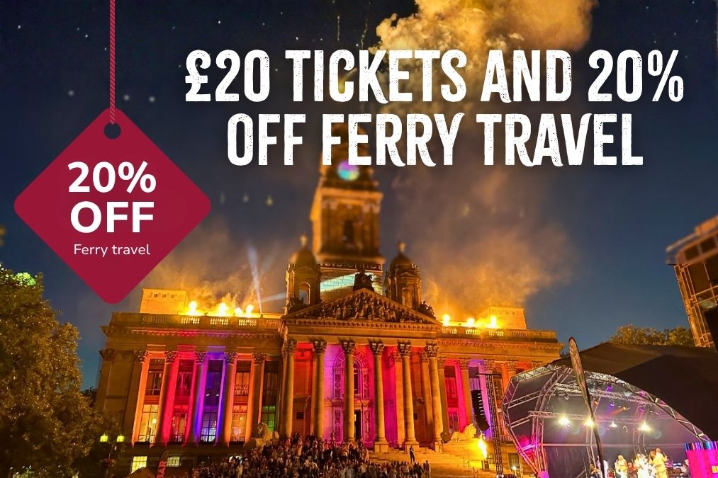 Fireworks lighting up Portsmouth Guildhall during an outdoor summer concert at night, with overlaying text ‘£20 tickets and 20% off ferry travel to Mainland Summer Concerts’.
