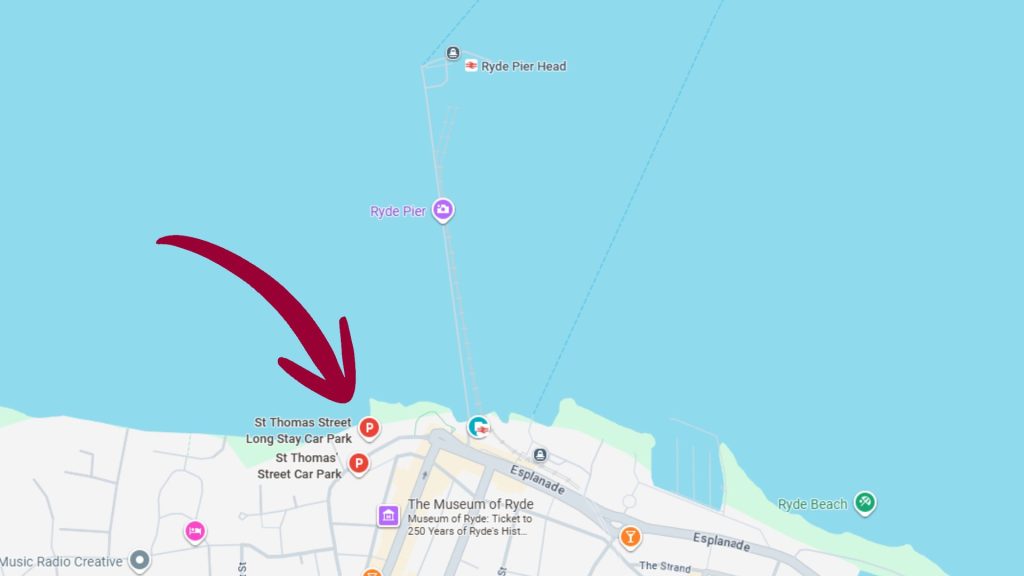 Map highlighting the location of St Thomas Street Car Park in Ryde, a short walk from Ryde Pier and Wightlink's Ryde Pier Head terminal.