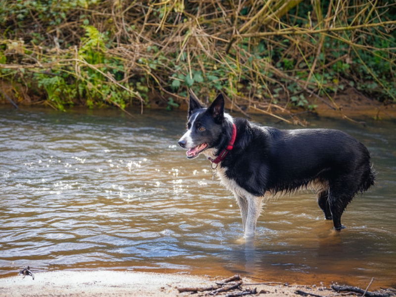 A black and white border collie in a river cooling off on a sunny day