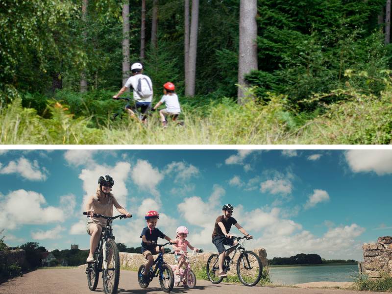Two photos of families cycling - the top shows a family cycling in the New Forest and the bottom shows cyclists by a sea wall