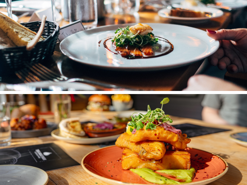 Two images of restaurant food in a stacked grid