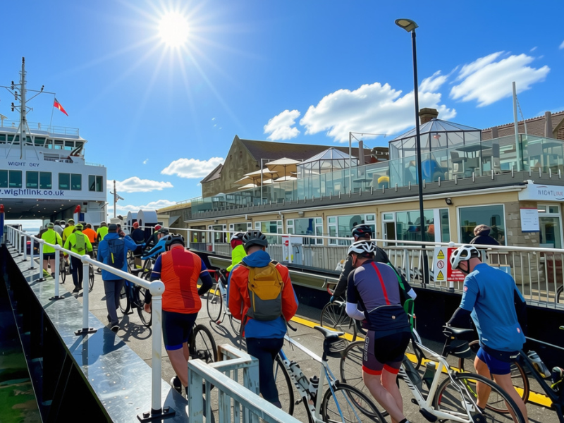 People boarding a Wightlink ferry at Yarmouth with bikes, as part of the Randonnee