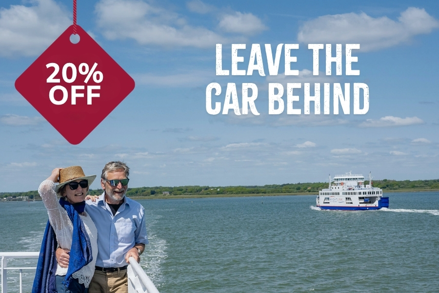 Promotional image showing a 20% off offer for foot passengers, with two people standing on a ferry deck, a Wightlink ferry sailing across the Solent, and the headline “Leave the car behind”.
