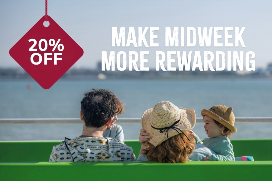 20% off midweek ferry travel promotion showing passengers seated on an outdoor ferry deck with the text “Make Midweek More Rewarding”.