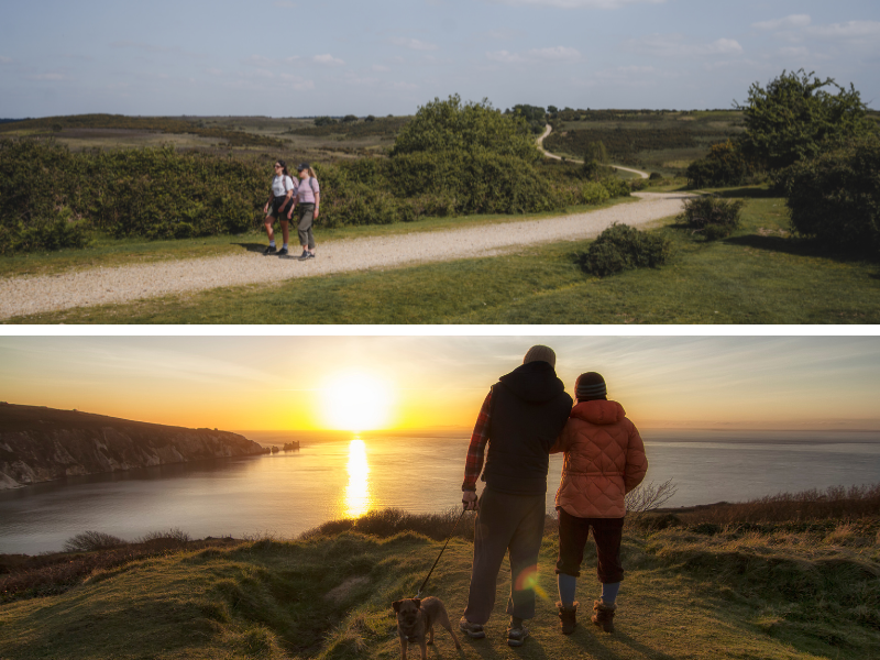 Two photos in a grid, the top is of people walking during the summer daytime through a winding path in The New Forest. The bottom one is of two people in coats overlooking the coastline of The Needles on the Isle of Wight while the sun sets.