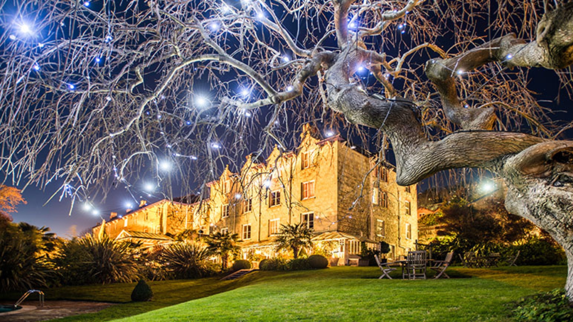 Historic hotel building illuminated at night, viewed across landscaped gardens with a large tree decorated with sparkling lights in the foreground. Warm lighting highlights the hotel's stone façade, while lawns, shrubs and outdoor seating create an elegant garden setting.