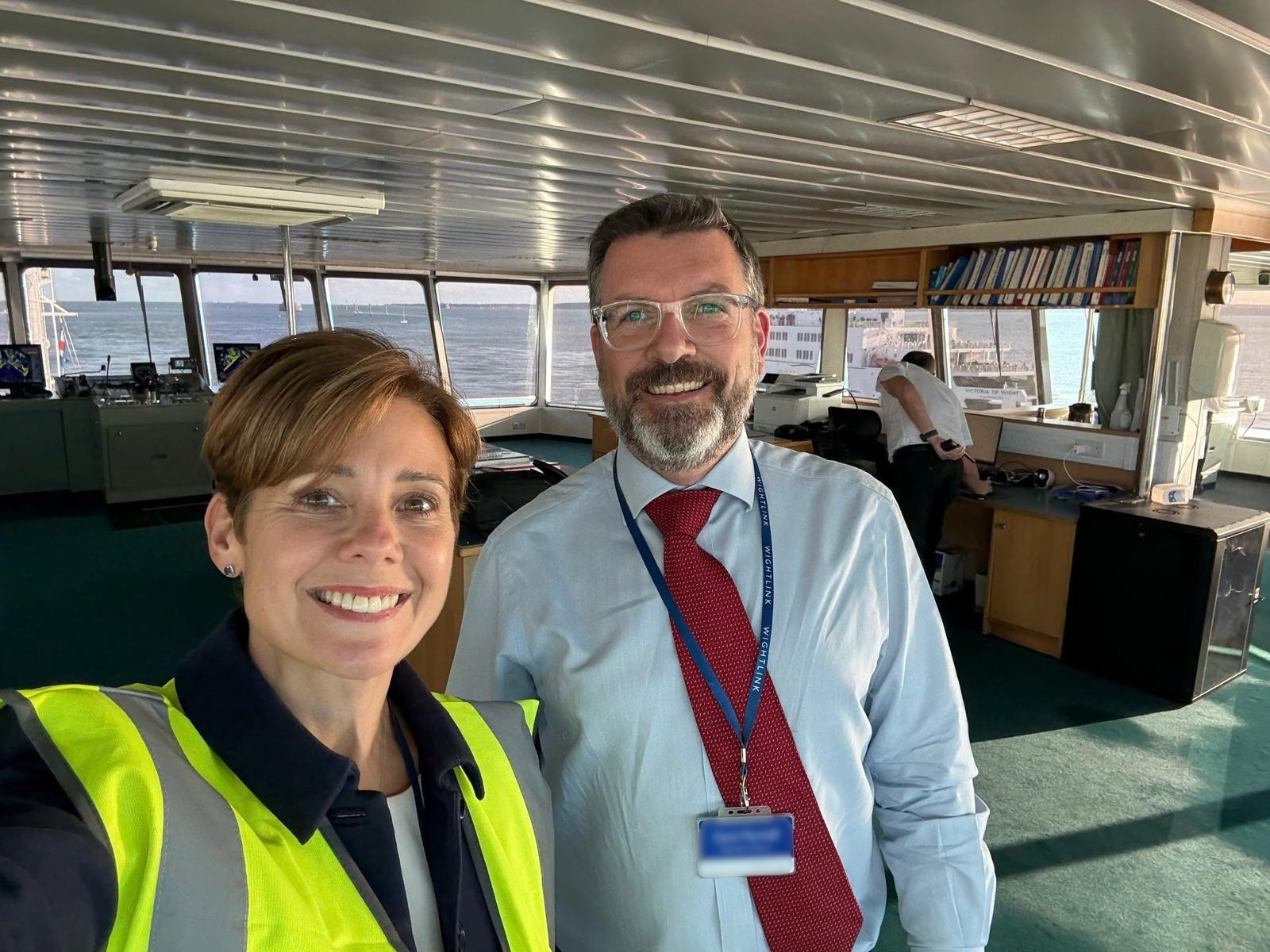 Wightlink Chief Executive Katy Taylor and Operations Director Gavin Marshall on the bridge of a Wightlink ferry during a ship visit.