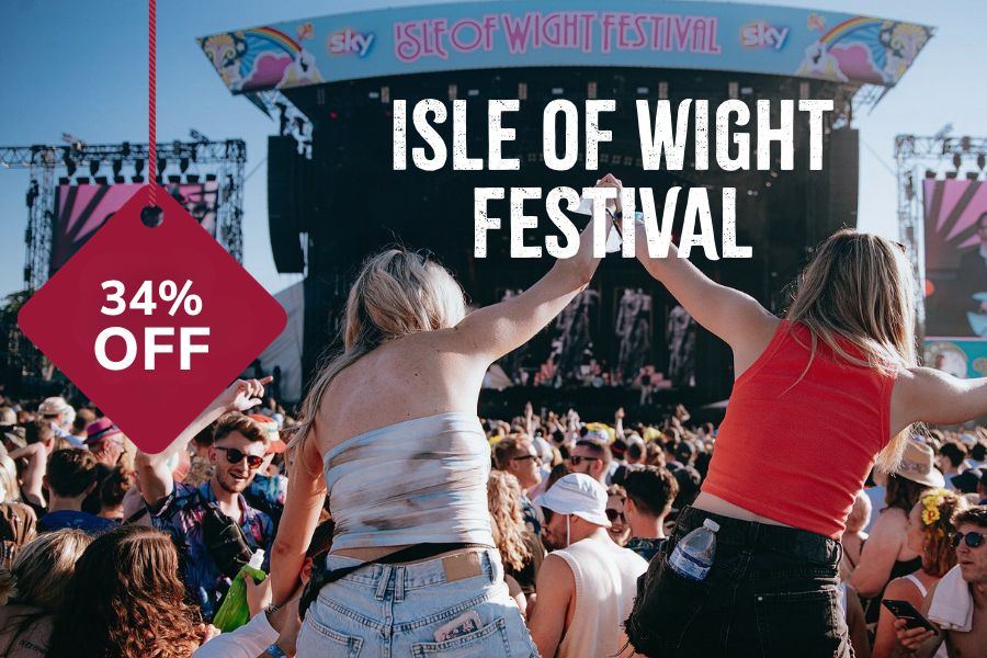 Promotional image for Isle of Wight Festival 2027 showing a festival crowd in front of the main stage, with a red tag displaying 34% off.