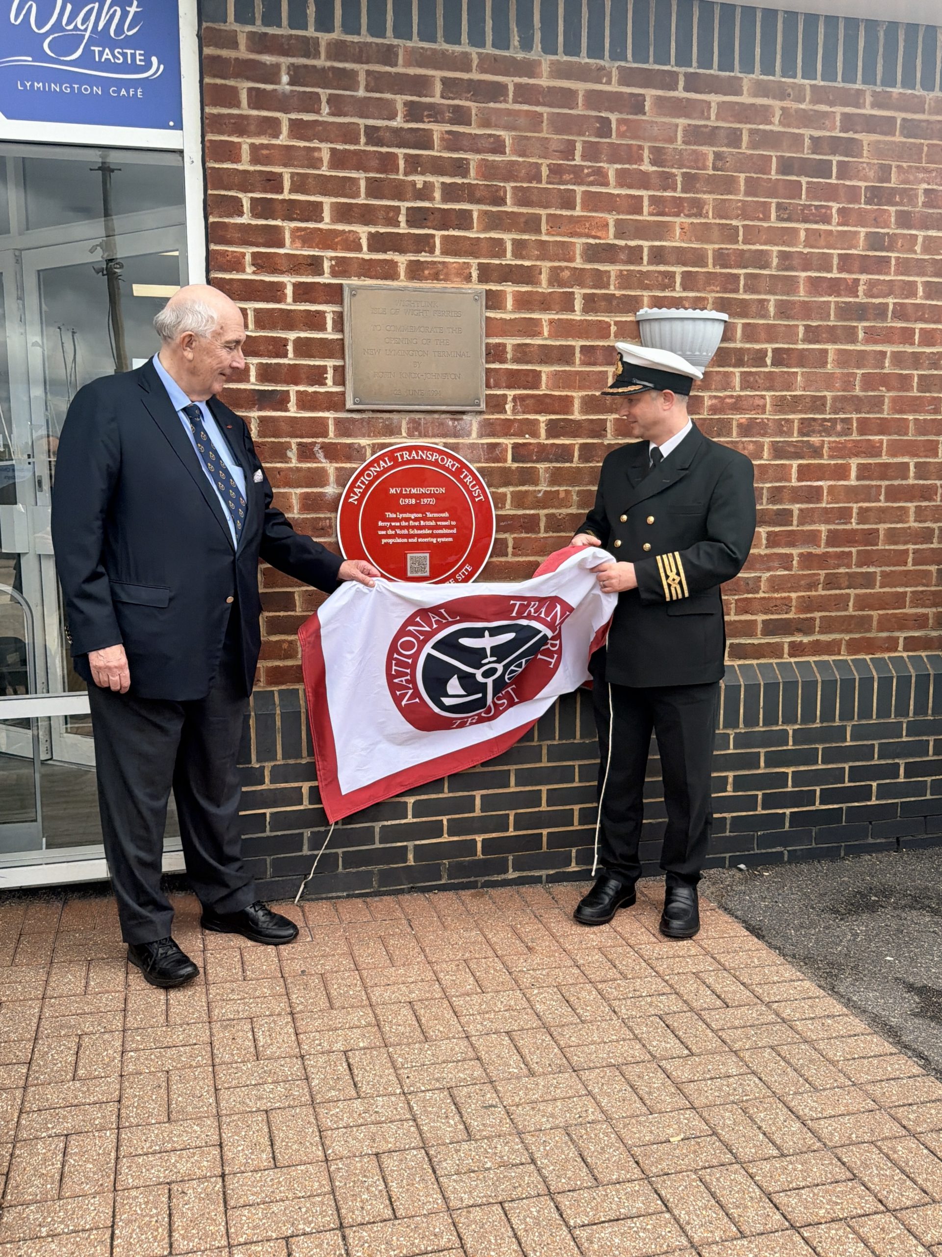 Official unveiling of the National Transport Trust Red Wheel plaque recognising MV Lymington at Wightlink's Lymington ferry terminal.
